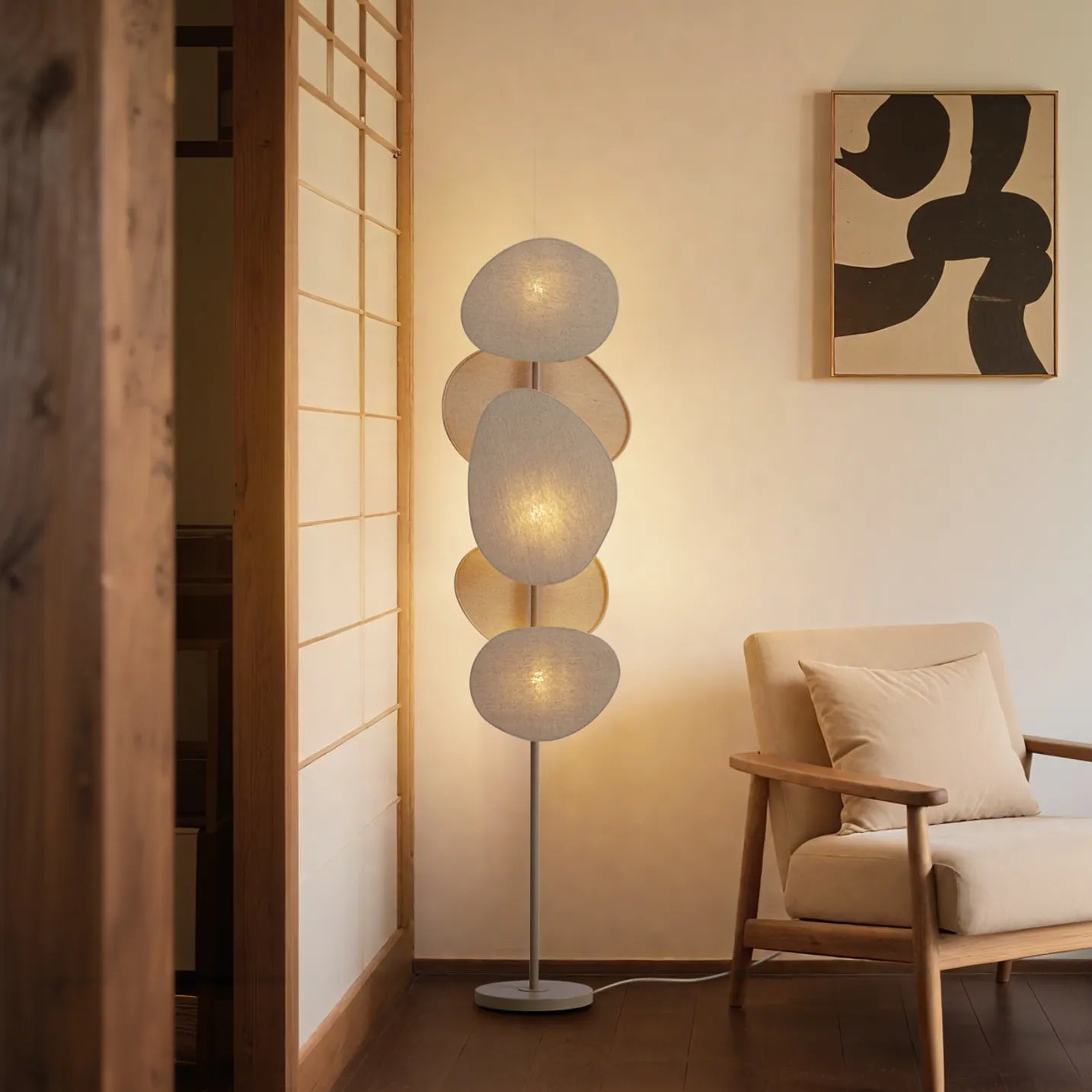 Lampa podłogowa Japandi w kolorze beżowym, 3-punktowa – Organica